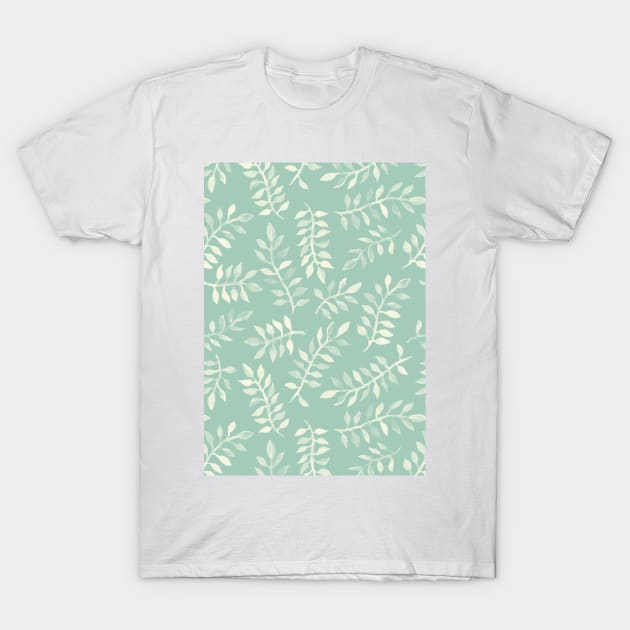 Painted Leaves - a pattern in cream on soft mint green T-Shirt by micklyn